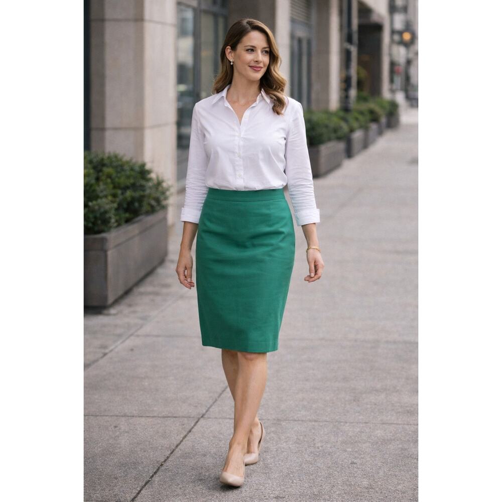 J Crew Pencil Skirt No 2 Green Cotton Stretch Knee Length Preppy Size 4 Office